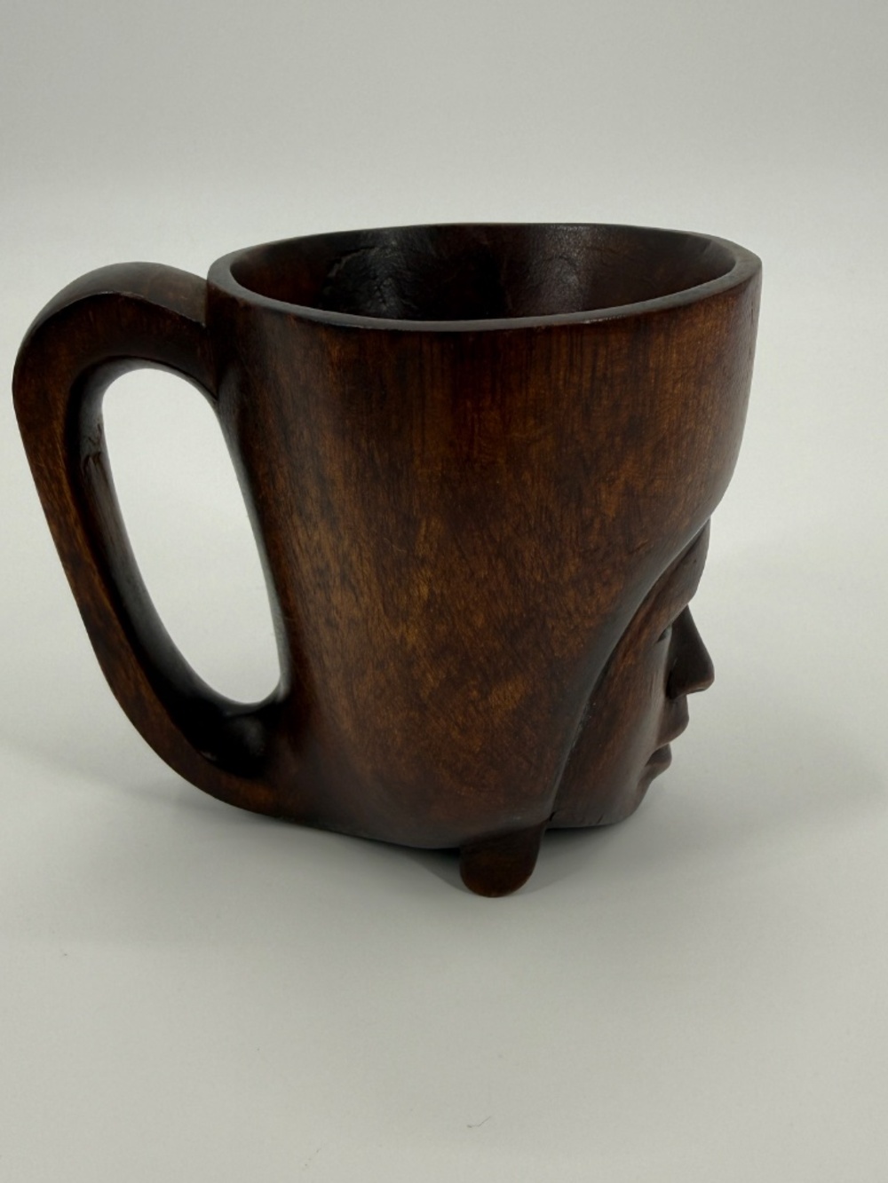 Vintage Hand Carved Wood Face Mug Cup African Tribal Art Wooden Coffee Mug Teak - Picture 2 of 5